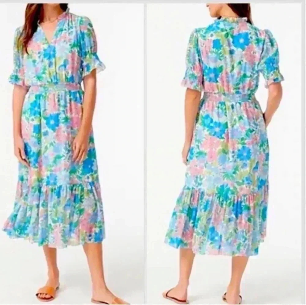 J.CREW Smocked Ruffle Fairy Floral Tiered Fully Lined Midi Dress(XS)